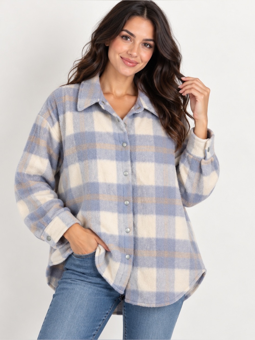 Blank NYC Plaid Sherpa Shacket Jacket Small Snap Front Periwinkle Overshirt